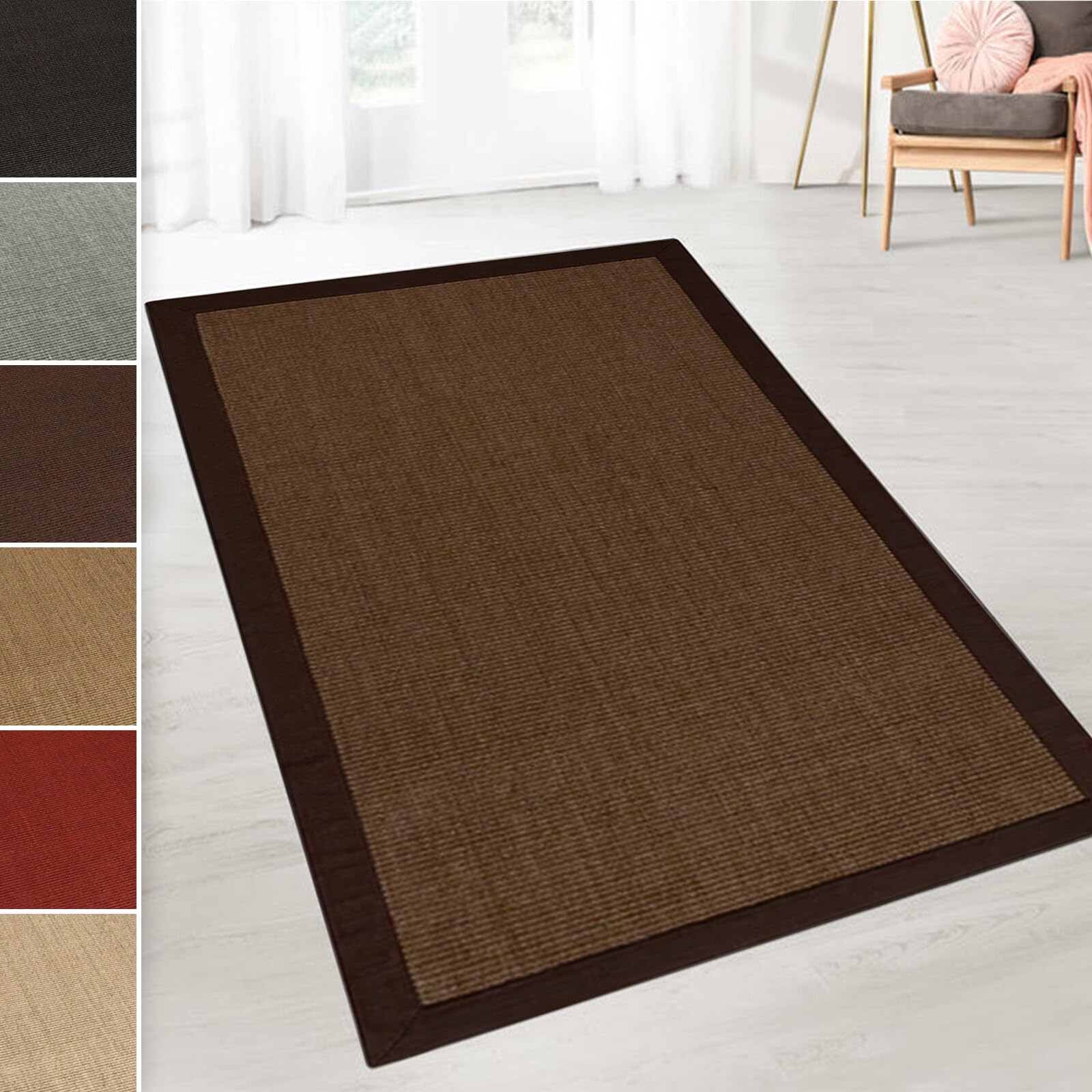 KARAT Tapis en Sisal 100% Naturel avec Bordure en Coton de couleur assortie pour Salon Couloir Chambre,Antidérapant Antistatique,Dos en Latex Bonne adhérence au Sol (Amazonas Marron foncé, 160x230 cm)