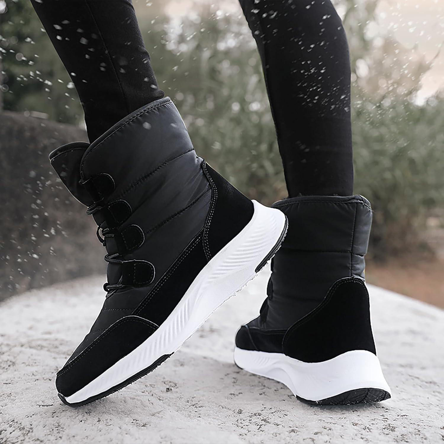 Women's Winter Fur Lined Snow Boots Comfort Waterproof Warm Lace Up Platform Mid Calf Boots Casual Lightweight Anti-Slip Outdoor Booties