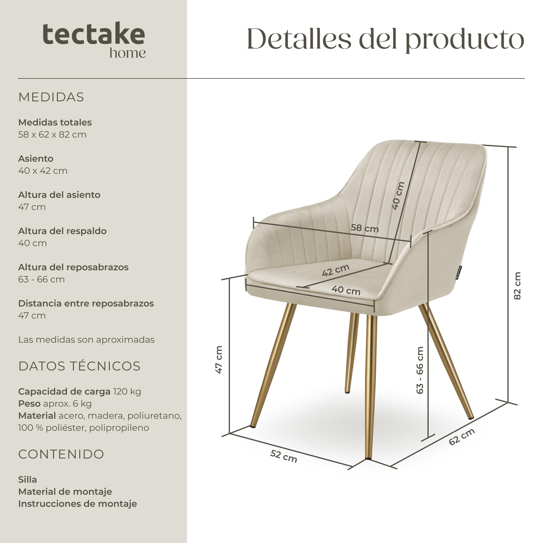 tectake® Silla de Comedor con Tapizado Aterciopelado Acolchado, Silla de Cocina Elegante y Moderna, Patas de Acero, Fácil Limpieza, Ideal Silla Salón, Tocador, Dormitorio - 1 Silla Crema/Oro