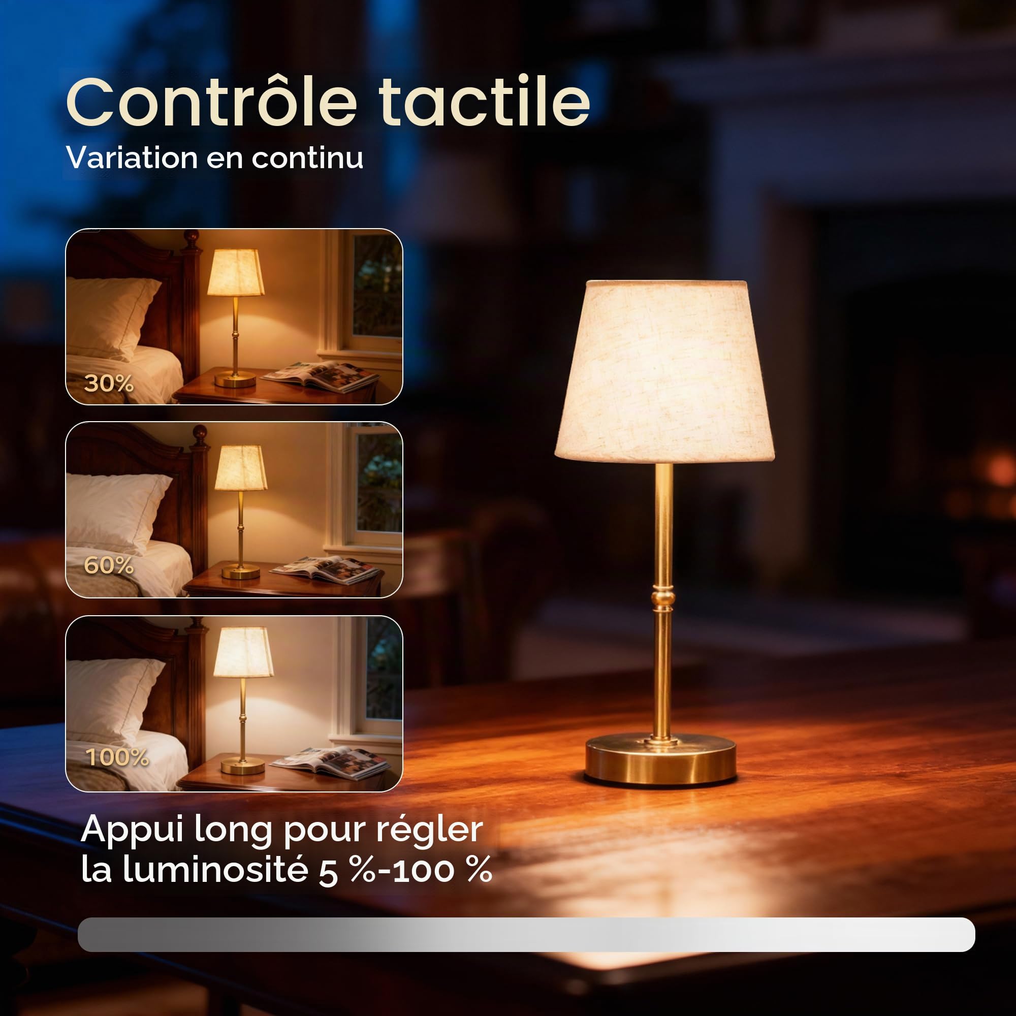 Lampe de Chevet Vintage Sans Fil, Lampe de Table Rechargeable 6000mAh USB-C, Lampe à Poser Tactile Dimmable 3000K en Tissu Doré pour Chambre, Salon, Table de Nuit, Lot de 2