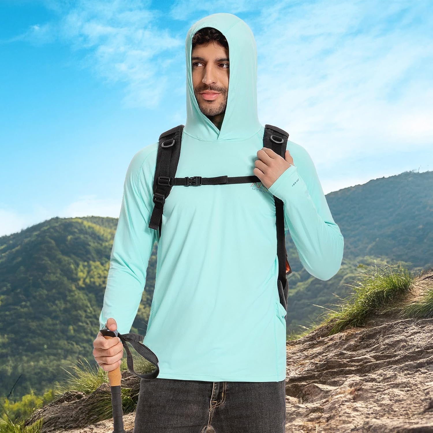 Men’s UPF 50+ Hoodie Shirt with Mask Long Sleeve Permanent UV Sun Protection Neck Gaiter Performance T for Outdoor - Image 6