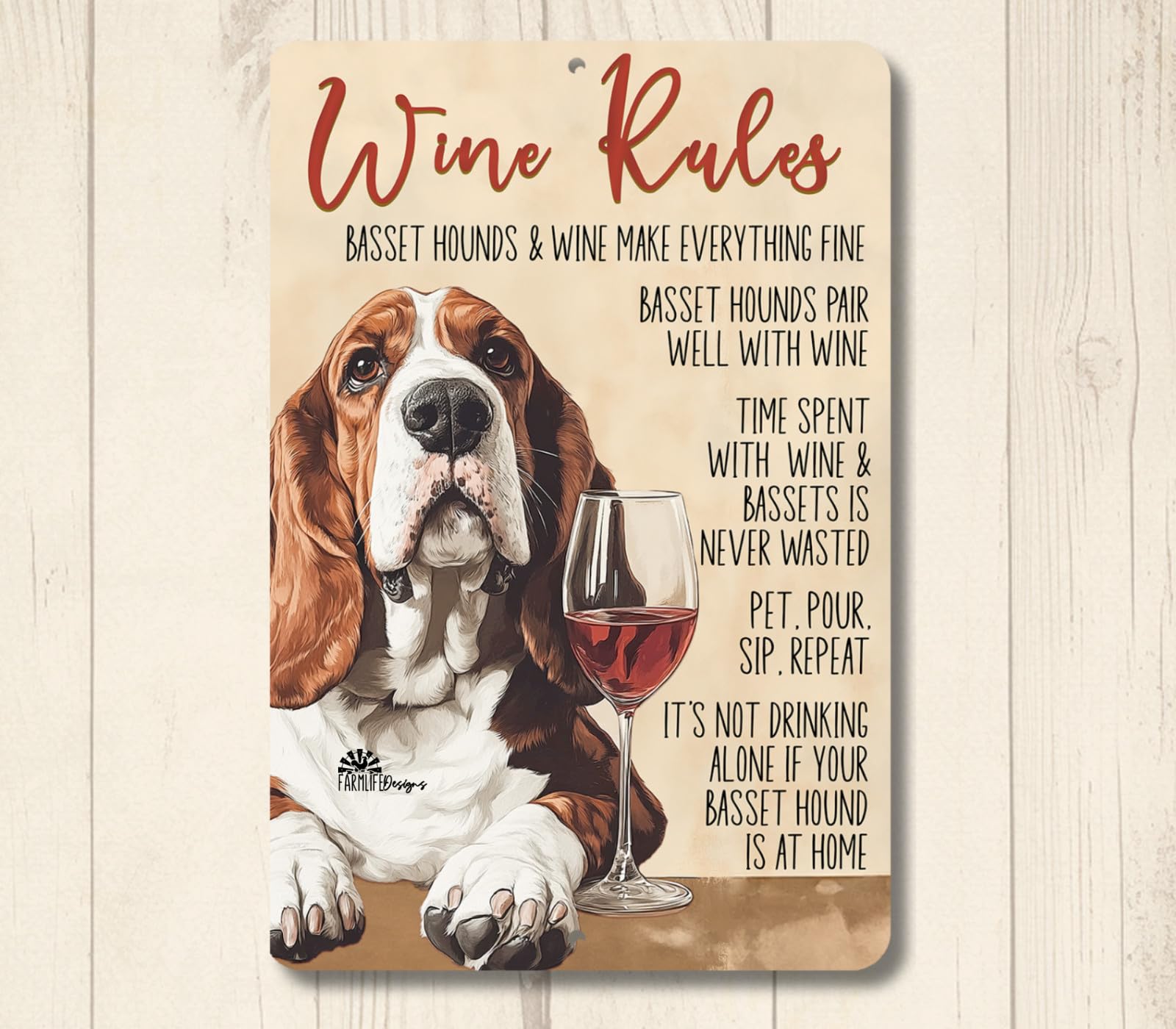 Basset Hound Wine Rules Sign bar metal tin funny handmade dog decor wall art home decor