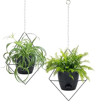 Koalaime Hanging Planters for Indoor Plants, 2 Set Self Watering Hanging Flower Pots, Modern Hanging Plant Baskets with Metal Plant Holder & 6.5 Inch Plastic Pots for Garden Home Decor Black