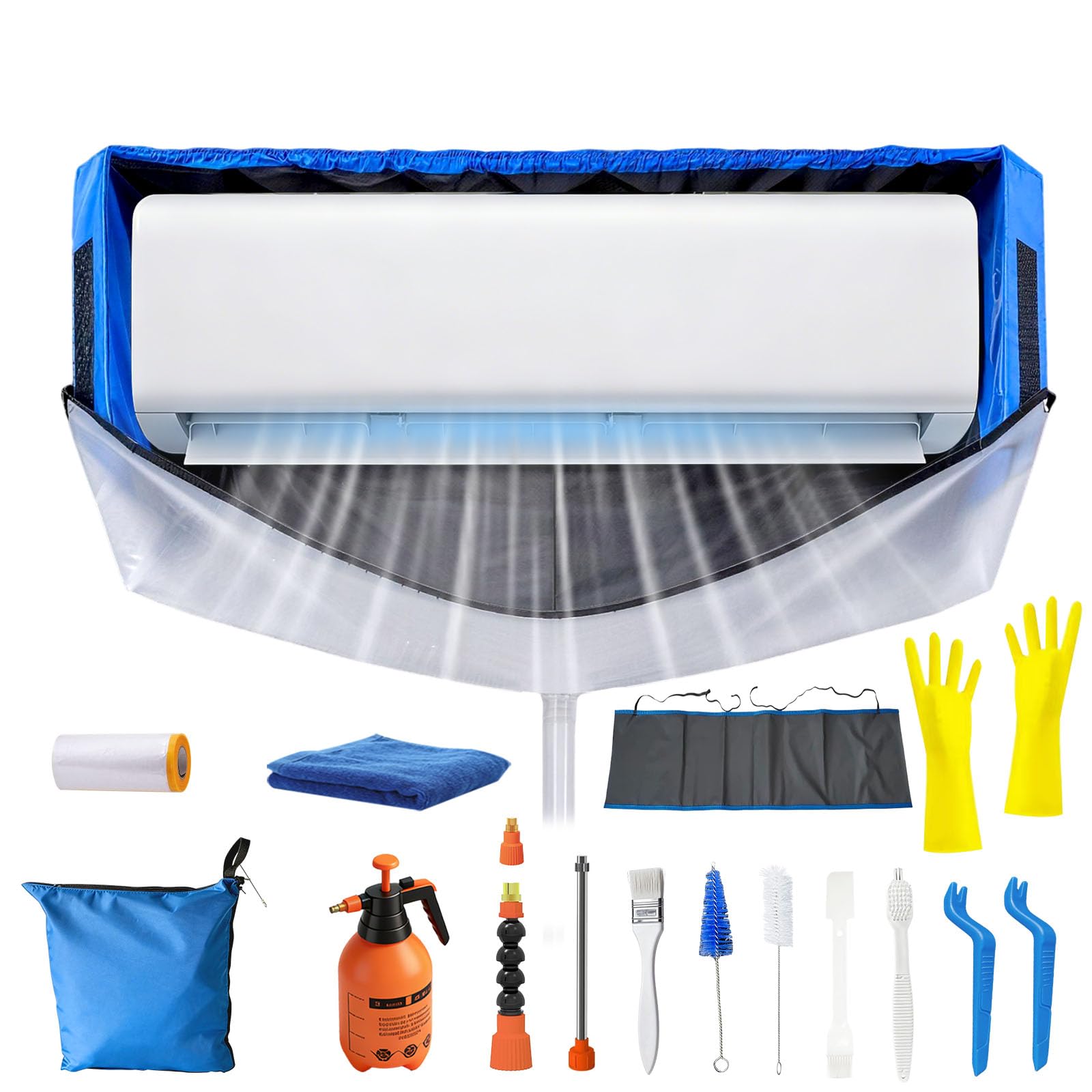 Kit Pulizia Condizionatore Split con Sacchetto Regolabile con e Pannelli Laterali, Kit Pulizia Climatizzatore Casa (M, Blu-Bianco Trasparente)