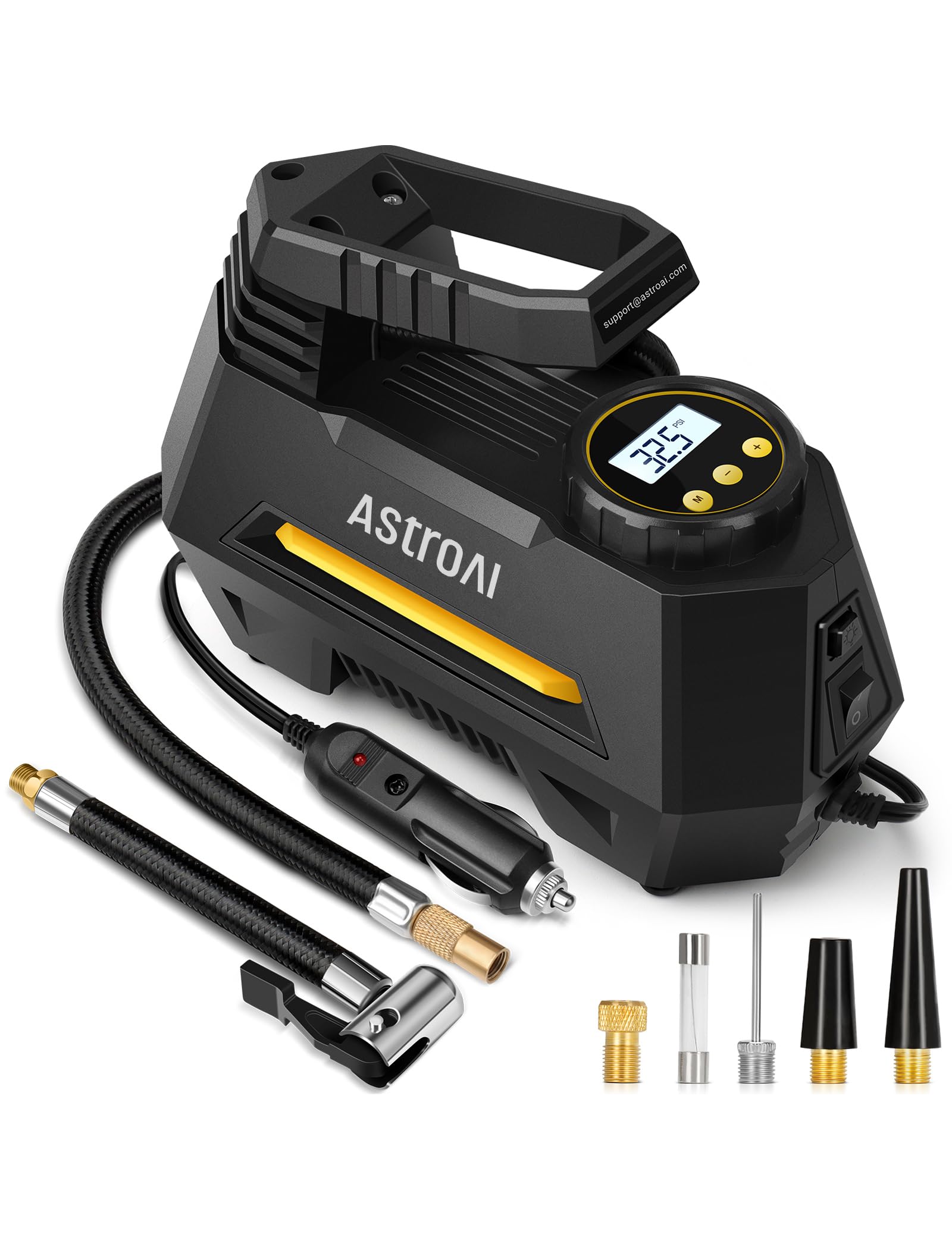 AstroAI AIRUN H Tire Inflator Portable Air Compressor Air Pump for Car Tires-Car Accessories  9.8Ft Cord-12V DC-Powered Auto Pump with Digital Pressure Gauge  LED Light for Bicycle  Balloons  Yellow