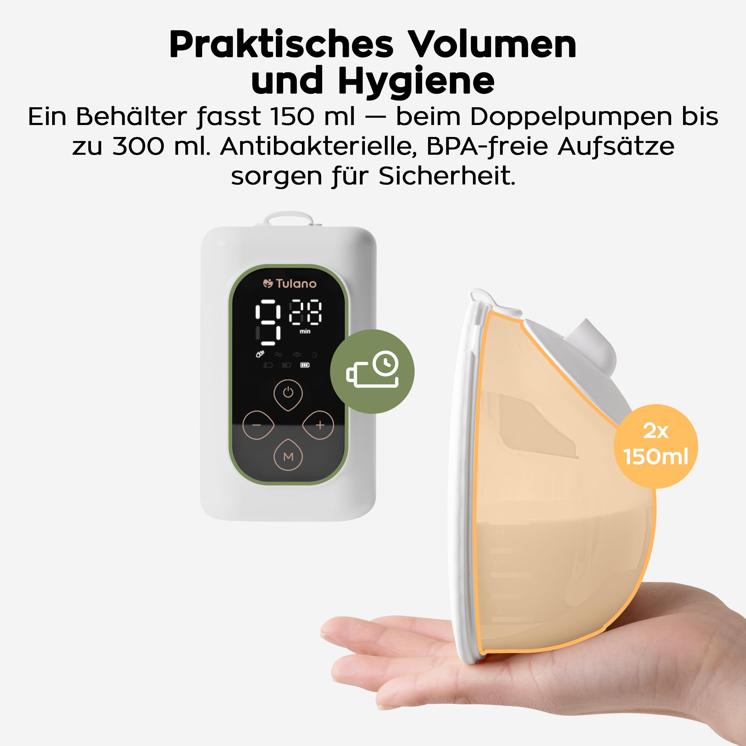 Tulano Olly 45 Doppelmilchpumpe elektrisch – Freihändig – 36 Stufen | Beidseitiges Abpumpen mit 300 ml Gesamtvolumen – 4 Programme – bis 90 Min. Akku – Trichtereinsätze 21 24 28 mm – Weiß