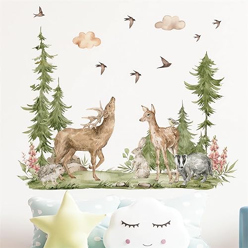 Miniatura 6 de Calcomanías de pared grandes de alce sika con alce de bosque, selva tropical, selva tropical, animales de selva, conejo, tejón, erizos, vinilo
