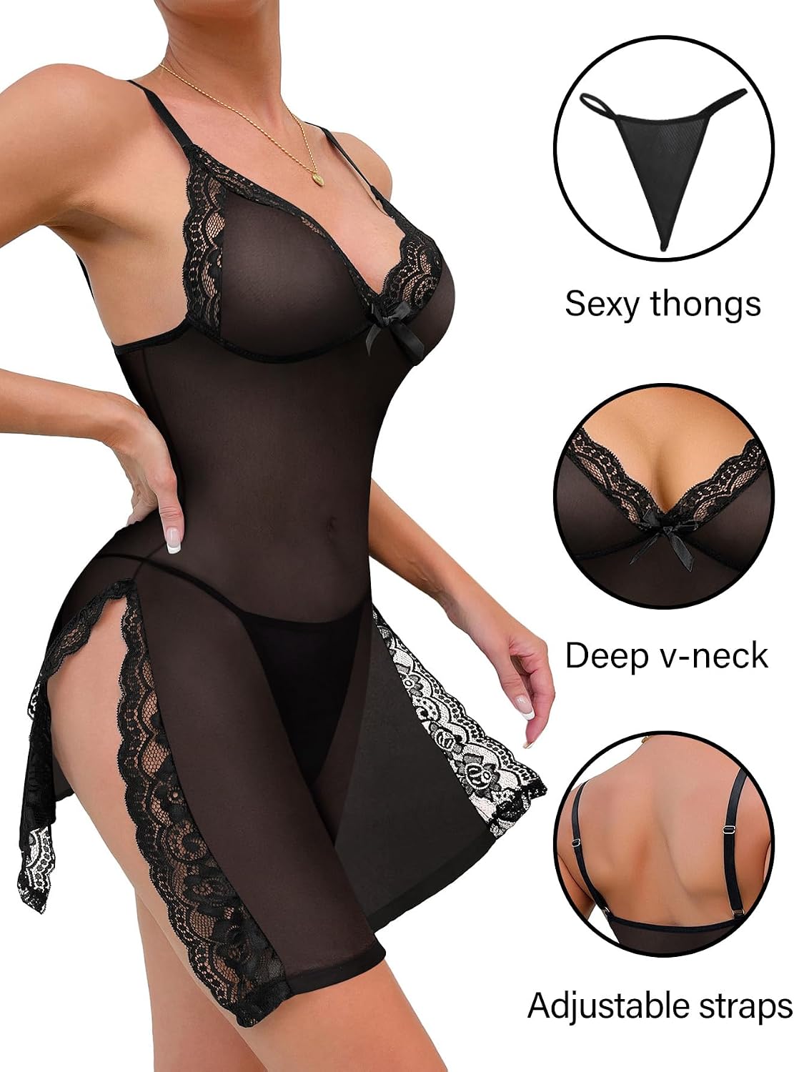 Foxiny Sexy Split Side Floral Lace Trim Full Slip Night Gown Babydoll Lingerie Dress with Thong 2 piece