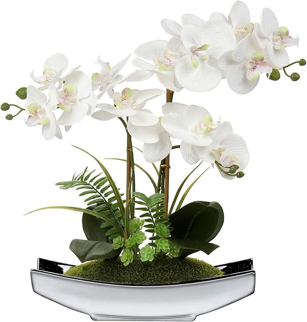 15" Artificial Phalaenopsis Flowers Arrangement Artificial Orchid Bonsai in Silver Pot Fake Flowers Silk Orchid Flower for Table Centerpieces Living Room Home Décor