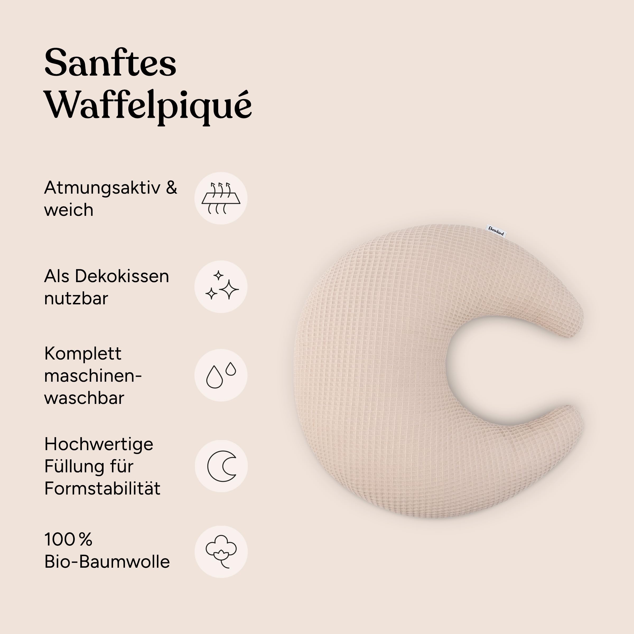 Ehrenkind® Kuschelkissen Mond aus Bio-Baumwolle | Waffelpiqué Dekokissen & Kuschelkissen fürs Kinderzimmer | Atmungsaktiv & formstabil | Beige