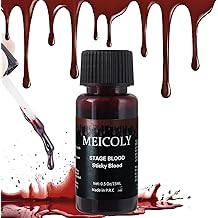 MEICOLY Fake Blood Washable,Edible Stage Blood,0.5 oz Realistic Drips Sticky Fake Blood with Brush,Safe for Mouth,Nosebleed,Halloween,Cosplay,Fake Wound Cut Bites Scar SFX Makeup Special Effects,Dark