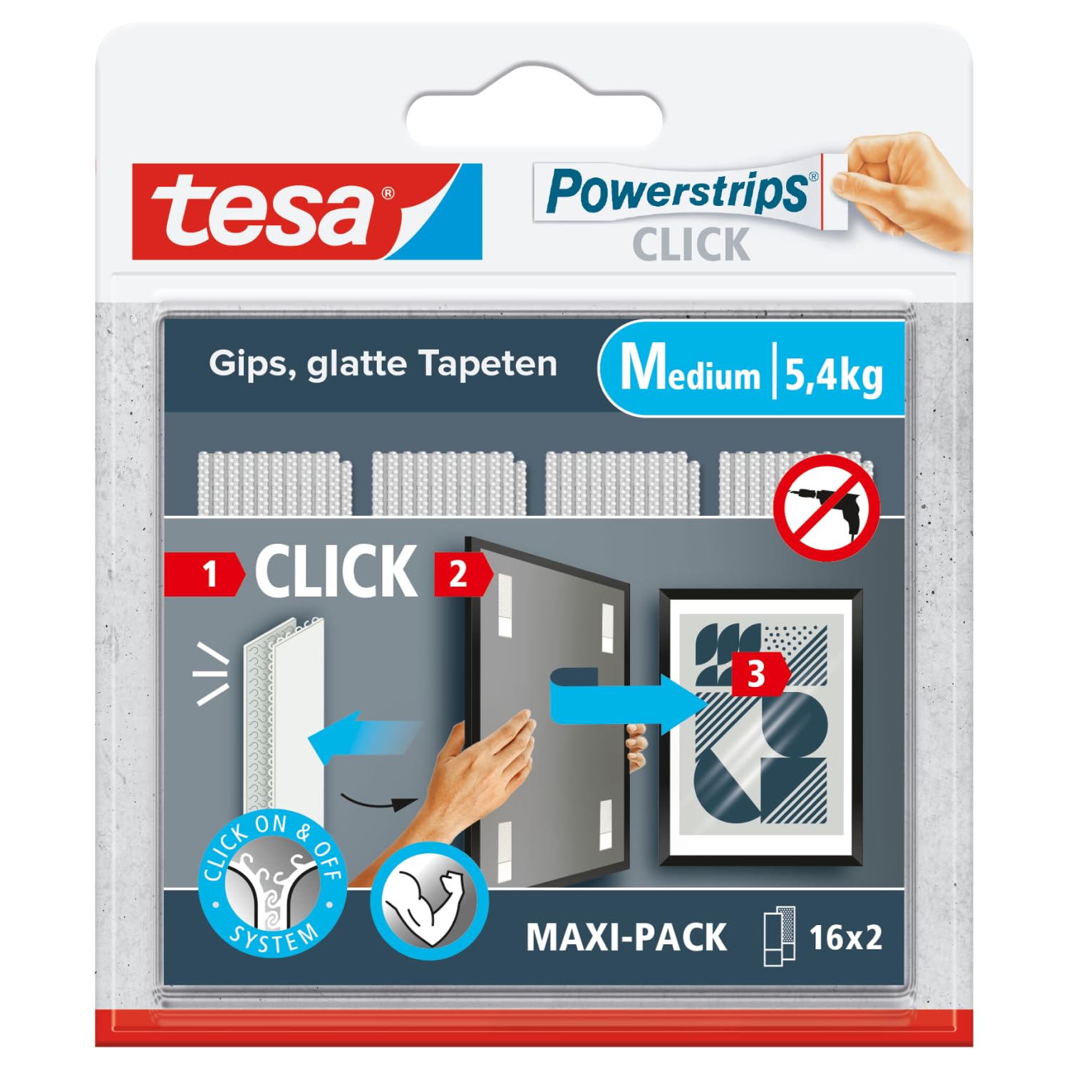 tesa Powerstrips CLICK - Klett-Klebepads zum An- und Abklicken von Bilderrahmen und Wanddekorationen ohne Bohren - selbstklebende Klettband-Strips mit ON und OFF Click-System - Medium - 16 x 2 Stück