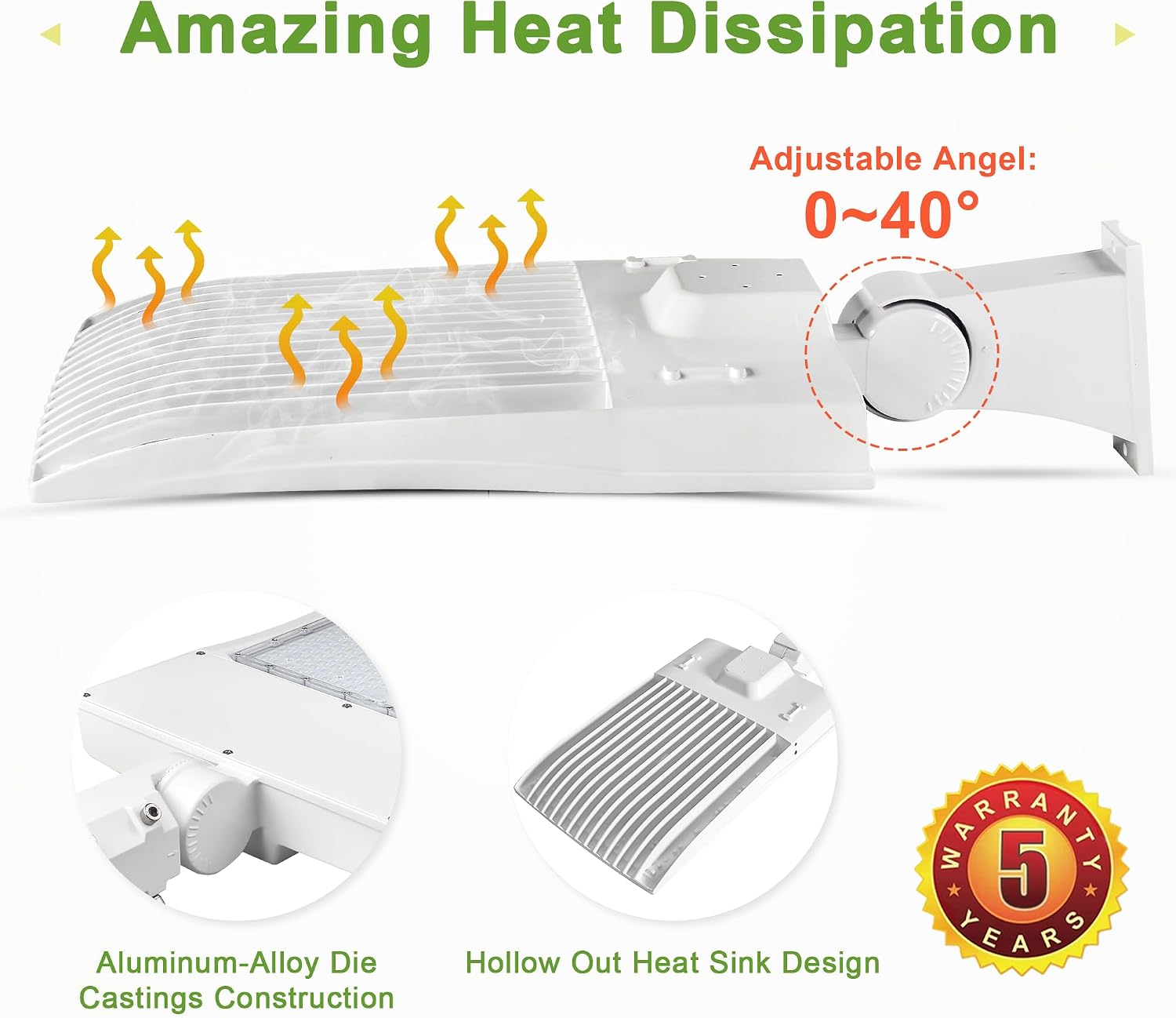 480V 300W LED Parking Lot Light, White Housing 200W/240W/300W Selectable Shoebox Area Light, 42,000 Lumens 5000K, 277-480V, 1-10V Dimmable, Direct Pole Mount, Surge Protection, UL Listed