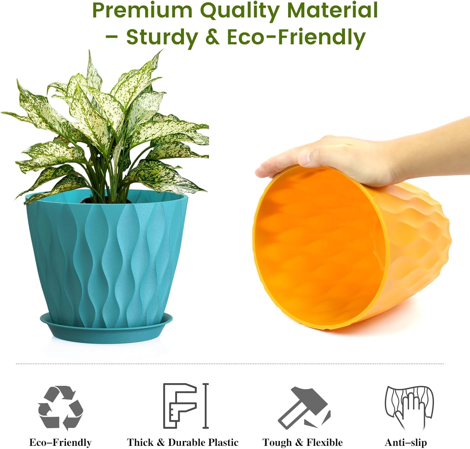 UOUZ 8 Inch Plant Pots, 4 Pack Plastic Planters for Indoor Outdoor with Drainage Holes & Saucers, Waffle Texture Flower Pots for Indoor Plants, Indoor Plant Pots for Monstera, Fiddle Leaf Fig Colorful