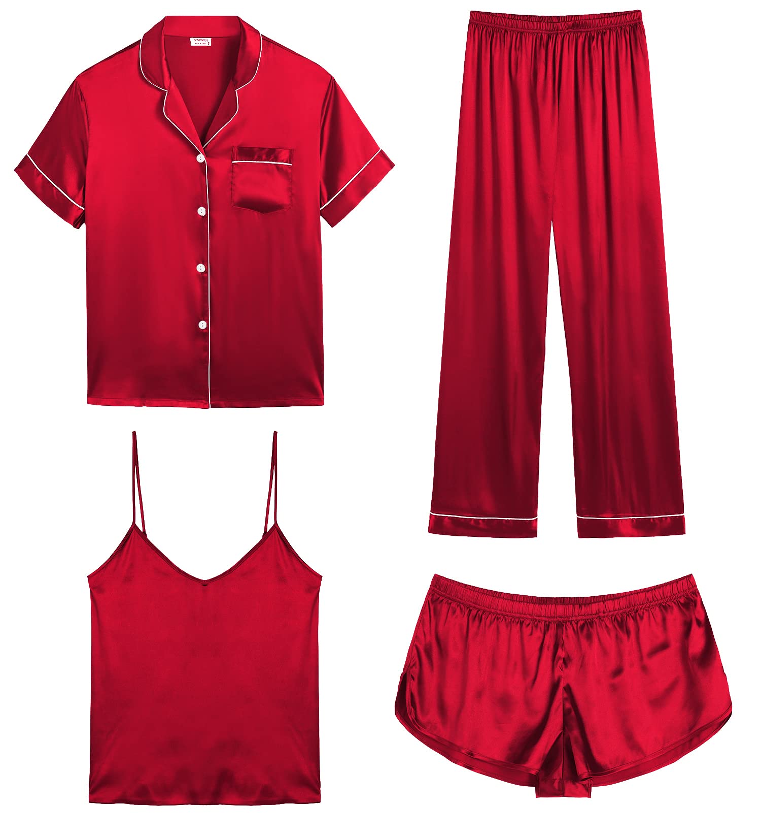 SWOMOG Womens Silk Satin Pajamas Sets 4pcs Sleepwear Sexy Cami Shorts Set and Button Down Short Sleeve Pjs Loungewear