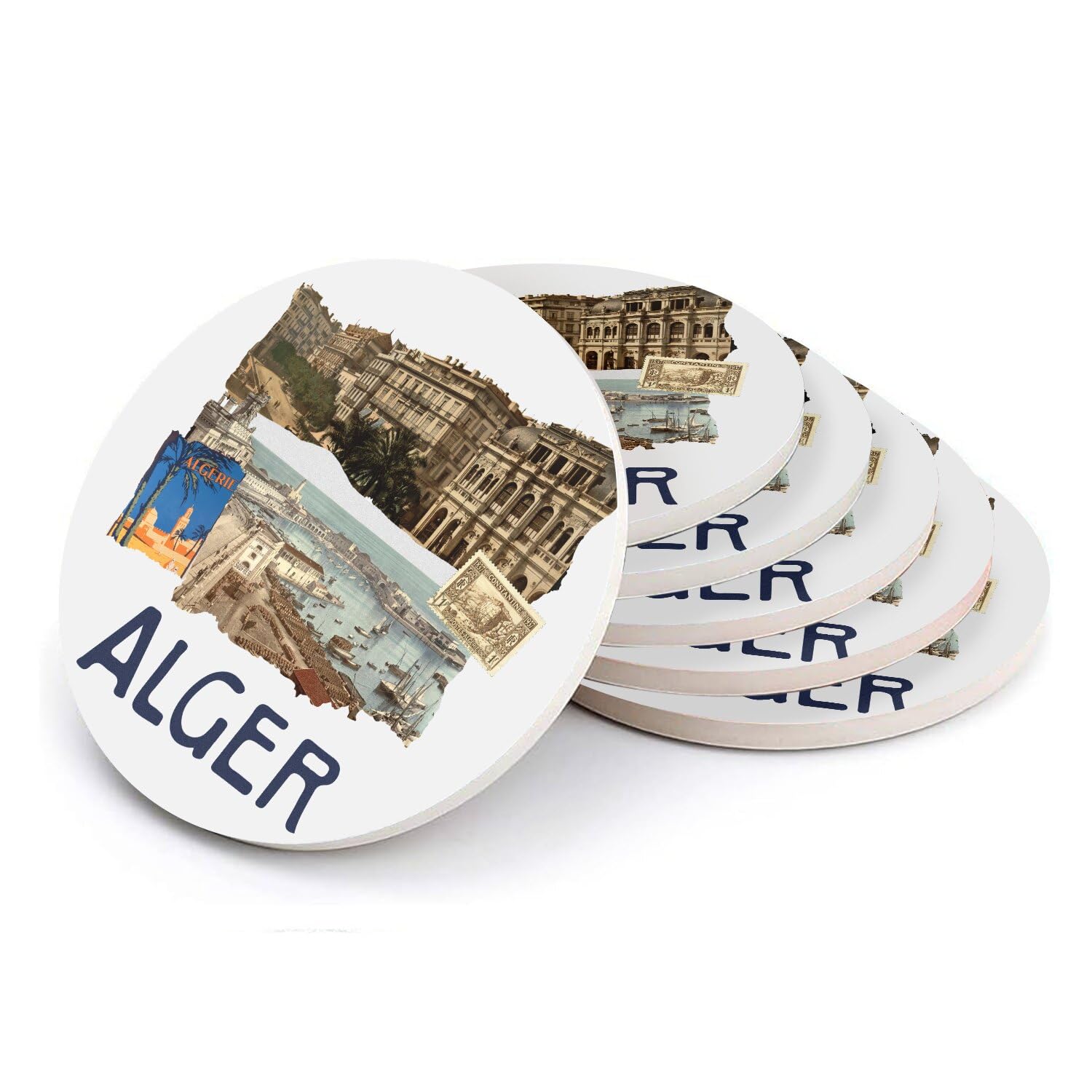 Sous-verre ronds en céramique Alger carte postale 108mm déco salon rétro - 6pcs