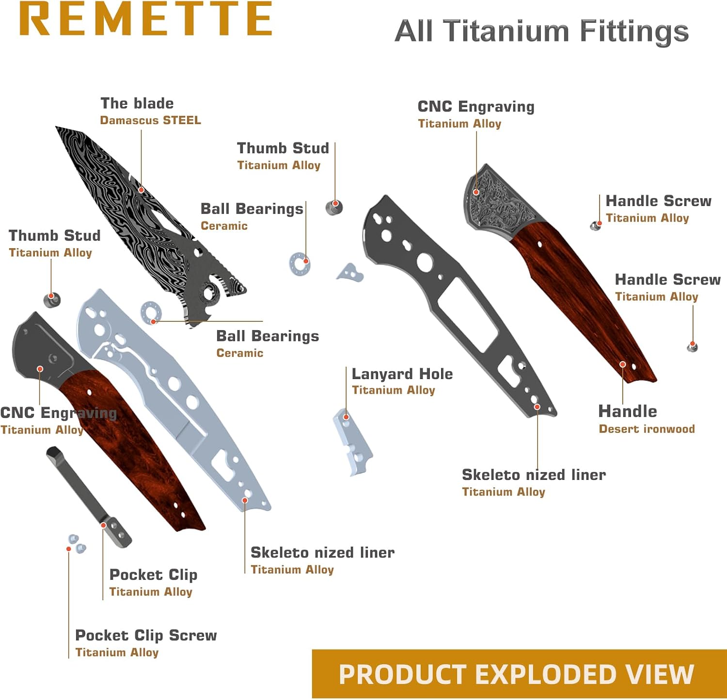 REMETTE Damascus Pocket Knife, EDC Folding Knife, Titanium Frame Desert Ironwood Handle, Front Flipper and Thumb Stud Open