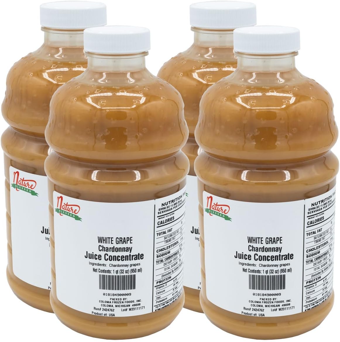 Nature Blessed 100% Pure Chardonnay White Grape Fruit Juice Concentrate - 4 Quarts (4/32 fl oz bottles), Great for Home Vintners, Home Brewers, Mead, Smoothies, or Making Jelly