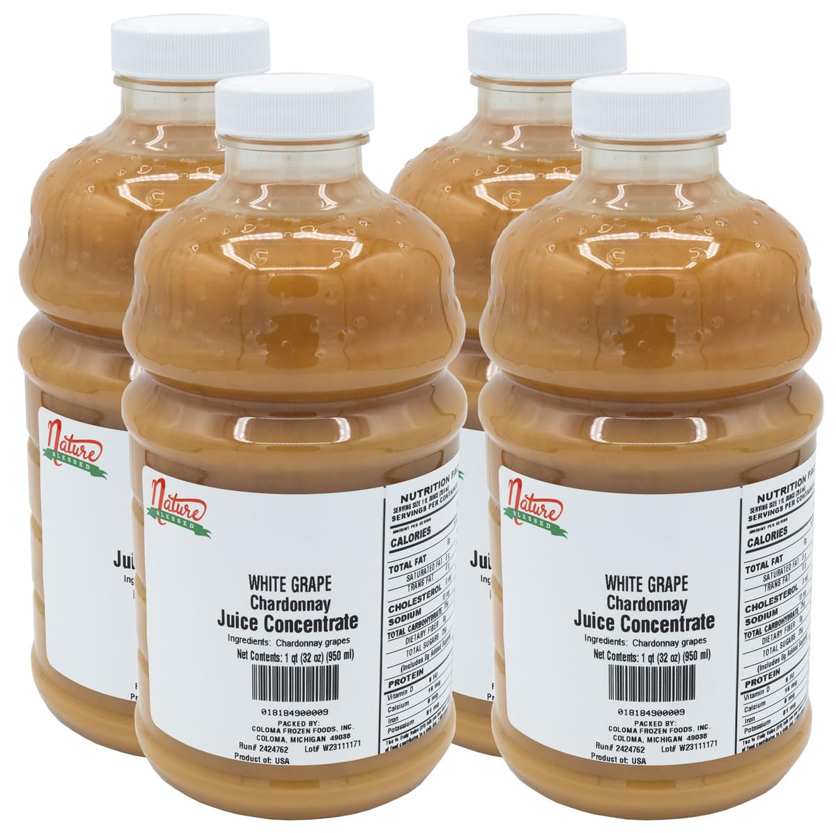 Nature Blessed 100% Pure Chardonnay White Grape Fruit Juice Concentrate - 4 Quarts (4/32 fl oz bottles), Great for Home Vintners, Home Brewers, Mead, Smoothies, or Making Jelly