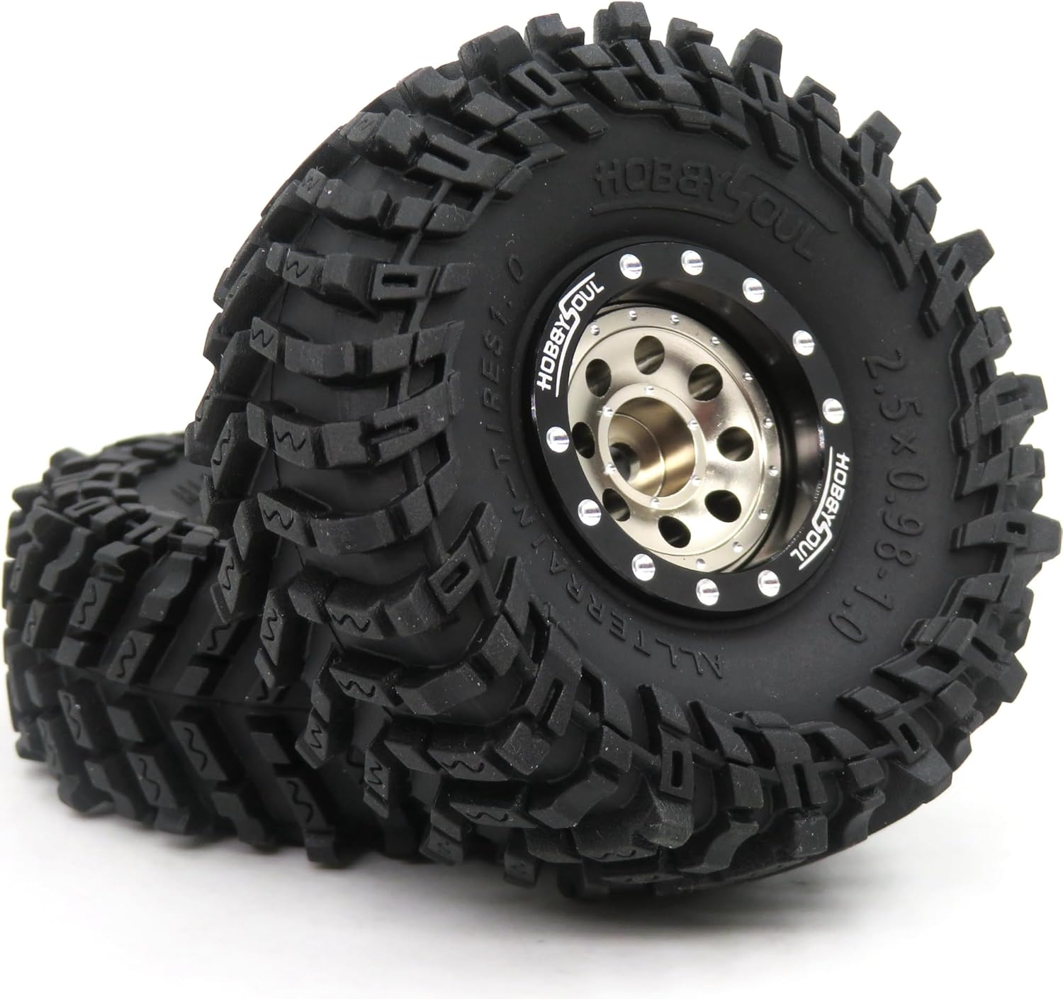 HOBBYSOUL RC 1.0 Mud Tires Tyres 64 * 25mm & Aluminum 1.0 beadlock Wheels (+1mm & -3mm Offsets) Black Champagne Rims Hex 7mm for RC Micro Crawler FMS24 FCX24 1/18 TRX4M 1/24 SCX24