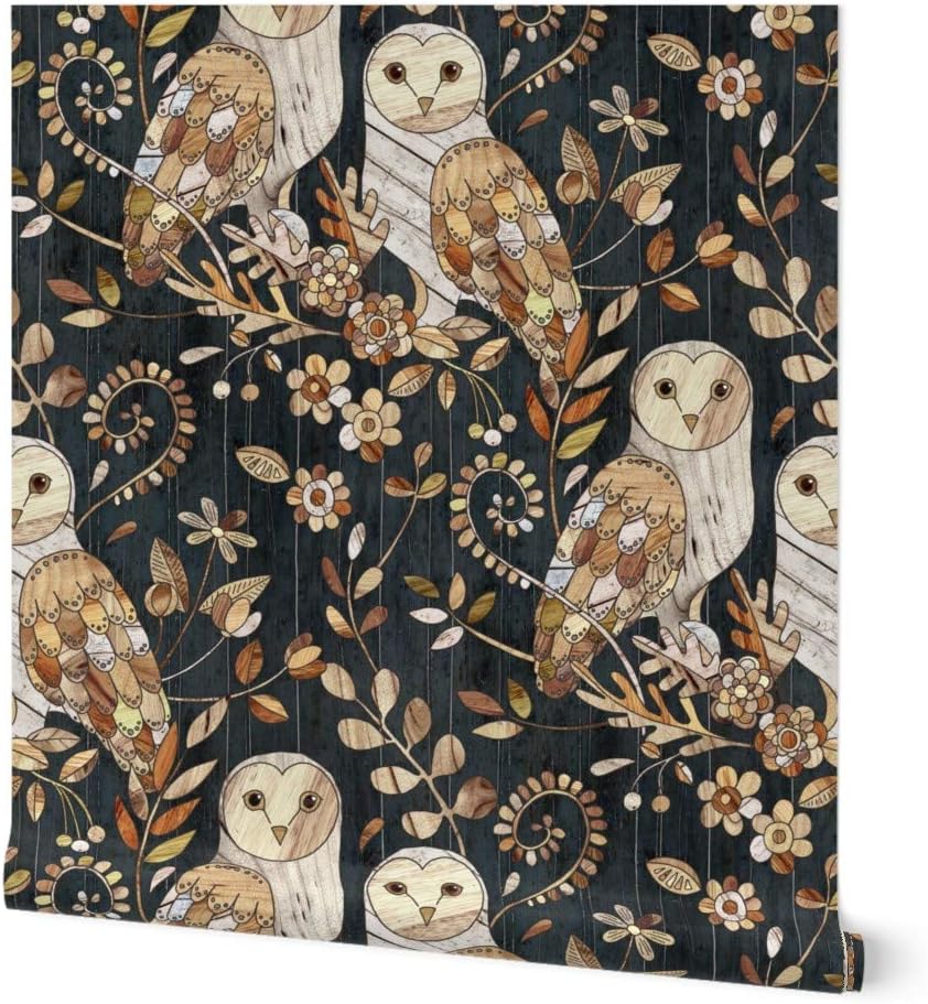 Peel & Stick Wallpaper 3ft x 2ft - Barn Owl Collage Large Owls Wood Nature Night Modern Farmhouse Custom Removable Wallpaper by Spoonflower