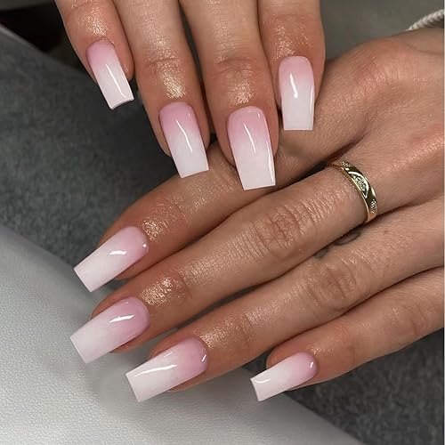 Miniatura 4 de Gradient Pink Press on Nails Long Square,KXAMELIE Ombre Medium Coffin Fake Nails Press on,French Glue on Nails,Opaque Acrylic Nails Set for Women