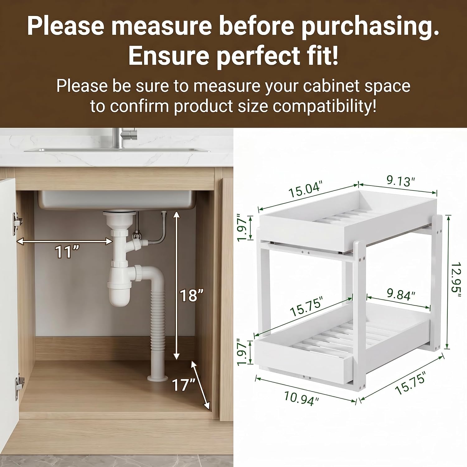 Bamboo Under Sink Storage 2 Tier Pull Out Cabinet Organizer Slide Out Under Sink Storage Shelf Undersink Organizers Shelves for Kitchen Bathroom Organization (White, 2 Pack)