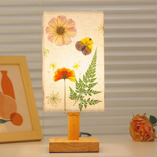 Miniatura 10 de Lámpara de mesa de flores secas 5W LED 3Color Temperaturas Pressed Flower Night Lamp Square Linen Shade con base de madera para dormitorio sala de