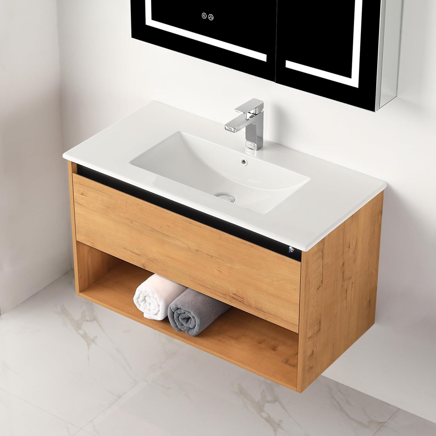 Blossom Modern 36 Inch Floating Bathroom Vanity with Sink Wall Mounted Solid Wood Cabinet, Ceramic Sink - Dual Zone LED Lighting - Pre-Assembled Designer Bathroom Remodel - Classic Oak
