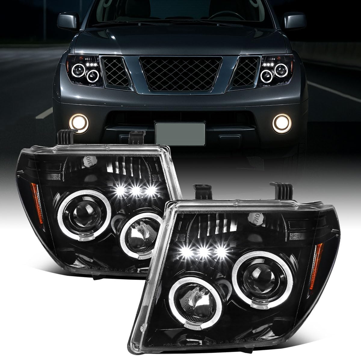 Ronnin - Fits 2005-2008 Nissan Pathfinder Frontier Upgraded LED Dual Rims Projector Headlights Assembly Pair | Gloss Black