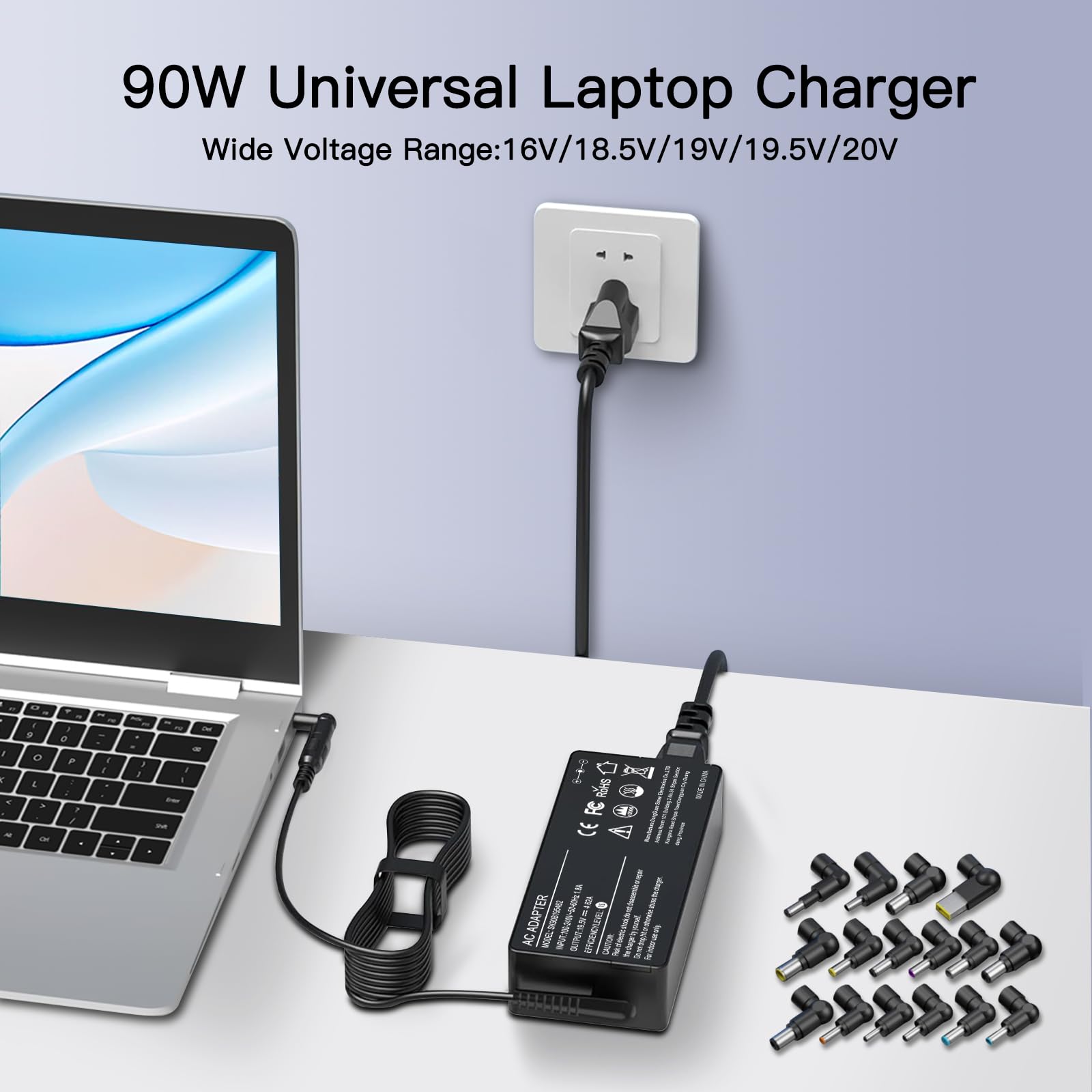 NGS Universal Laptop-Ladegerät W-90-90W – Mit 9 Adaptern & USB 5V/2A Ausgang, Kompatibel Mit HP, Dell, Asus, Lenovo, Acer