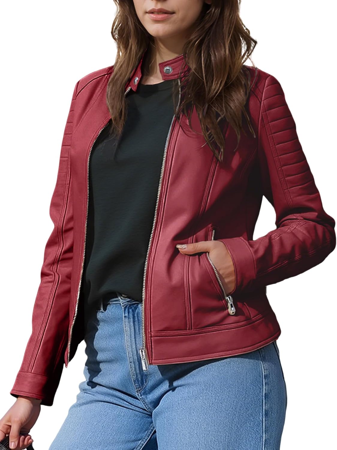 Women's Faux Leather Jacket Spring Motorcycle Biker Clothes Outfits Short Fashion PU Slim Coat