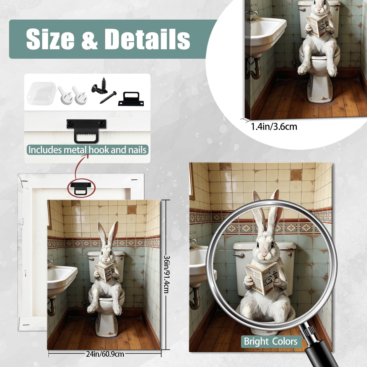 karani Funny Rabbit Bathroom Wall Art, Rabbit Sitting On The Toilet Reading Newspaper Canvas Prints, Modern Rustic Bathroom Pictures Wall Decor for Bathroom, Living Room, Farmhouse 24 * 36in
