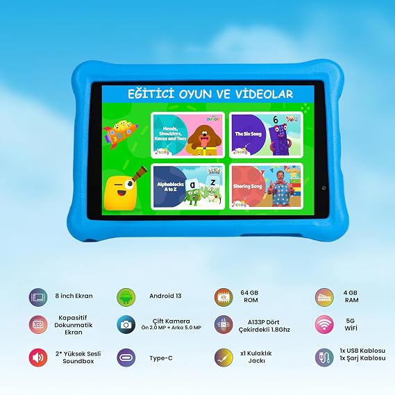 NPO 8 IPS Ekran Android 13.0 A133P 1.8GHz Antişok Çocuk Tableti, Kids Tablet (4GB RAM - 64 GB Kapasite, Mavi, 8 İnç)