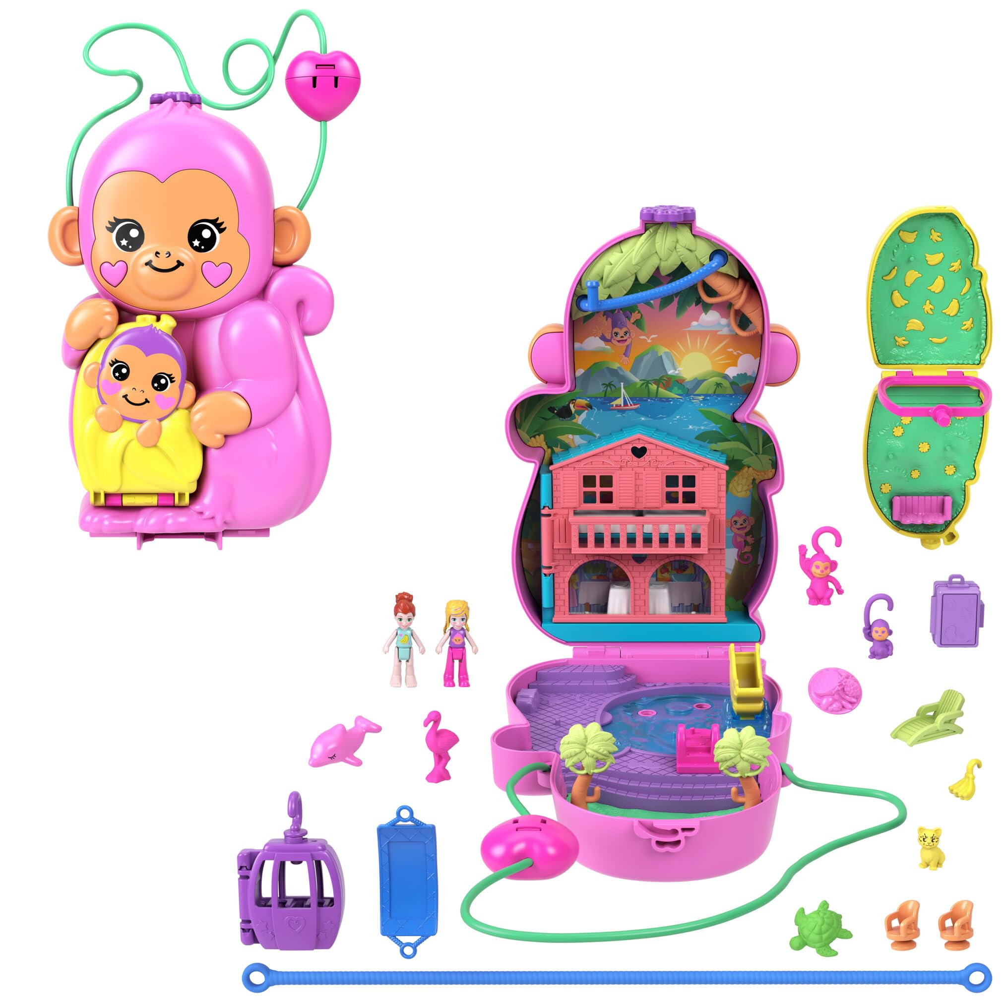 Polly Pocket Adventures in Rio Mamá mono y su bebé, Cofre-bolso 2 en 1, 2 sets de juego que incluyen 2 mini muñecas, animales y teleférico, juguete regalo para niños y niñas +4 años, HWP04