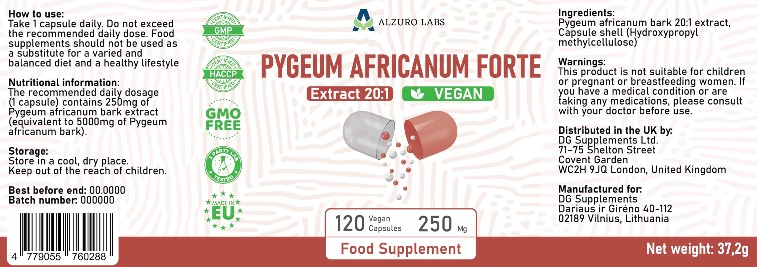 Pygeum africanum | 5.000 mg Equivalente | estratto di corteccia 20:1 250 mg (13% fitosteroli) | 120 Capsule Vegane | Prunus africana | GMP & Testato da Laboratorio Indipendente