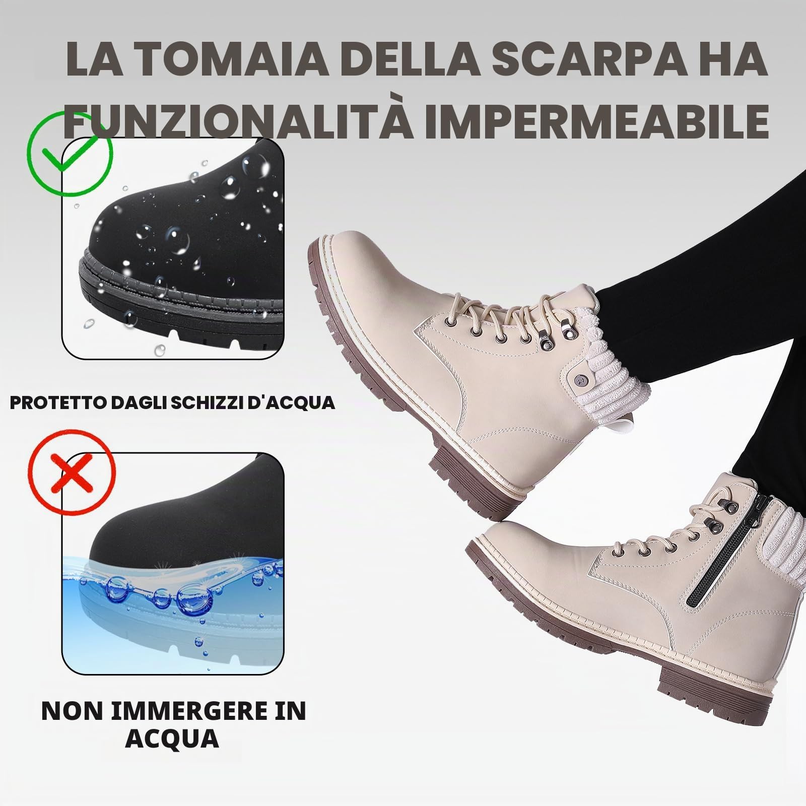 Stivali Donna Inverno Scarpe da Neve Impermeabili Stivaletti Pelliccia Stringate Outdoor Stivali da Trekking Caldi Snow Boots GR.37-42 Beige-39EU