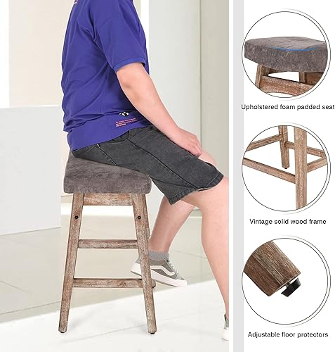 Miniatura 41 de Sophia & William Juego de 4 taburetes de bar de altura de mostrador, modernos taburetes de bar de piel sintética sin respaldo con patas de madera