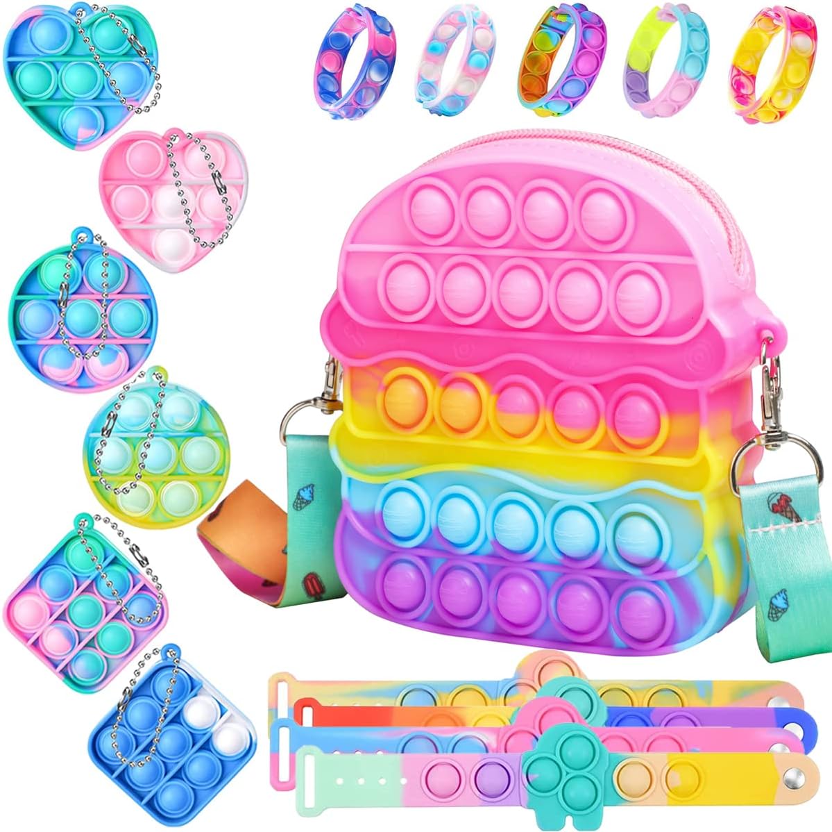 Wajetor pop Fidget Girl Single Shoulder Bag Toys Set, Mini pop Push Bubble Toys, Decompression Wristband Toy Set Suitable for Children's (Group A 1+15pcs)
