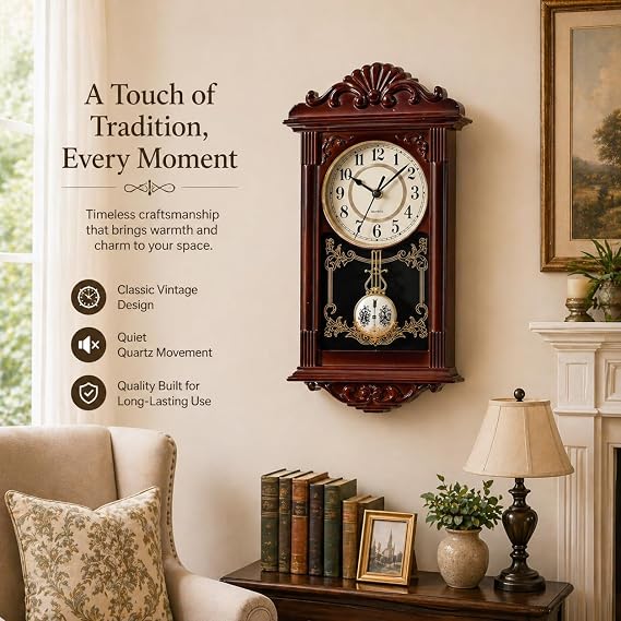 Quickway Imports Vintage Grandfather Wood- Looking Plastic Pendulum Wall Clock for Living Room, Kitchen, or Dining Room, Brown
