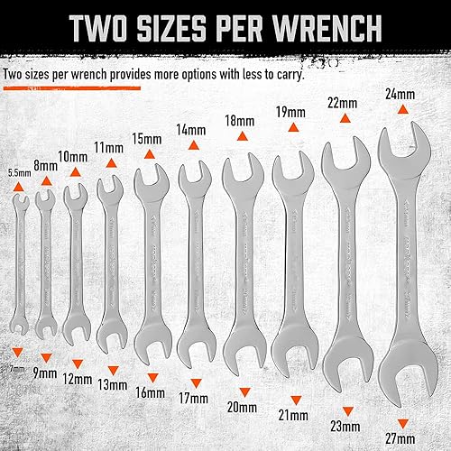 Miniatura 7 de HORUSDY Juego de llaves finas métricas 10 piezas Incluye 0.217 in a 1.063 in Juego de llaves de bicicleta Juego de llaves de extremo abierto