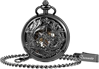 Men's Mechanical Skeleton Pocket Watch Phoenix Dragon Hollow Black Case with Chain + Box Gift for Man