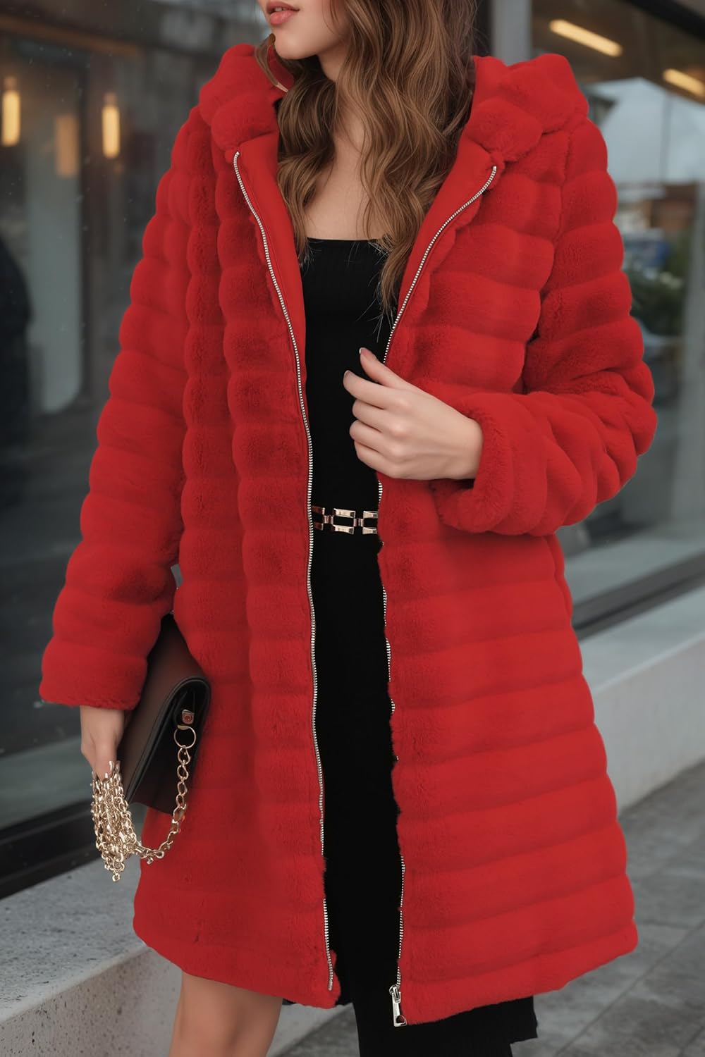 RISISSIDA Women Long Faux Fur Coat Fuzzy Jacket Hooded Winter Fall Warm Overcoat - Image 2