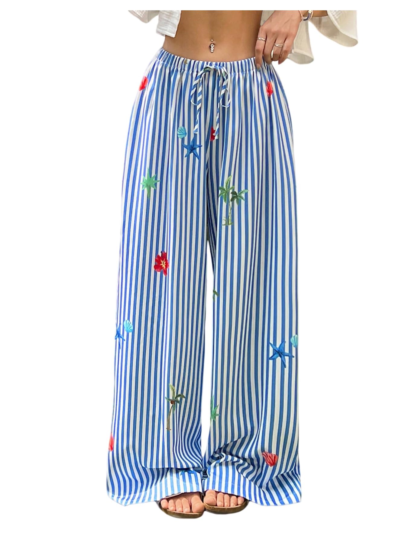 Womens Boho Striped Pants Graphic Drawstring Waist Wide Leg Summer Vacation Trousers