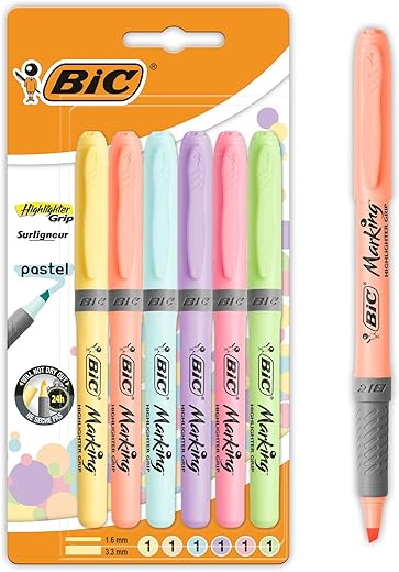 BIC Highlighter Grip Pastel Adjustable Beveled Tip Markers - Assorted Colors, Pack of 6 Pastel Highlighters, Optimal for School and Office Supplies