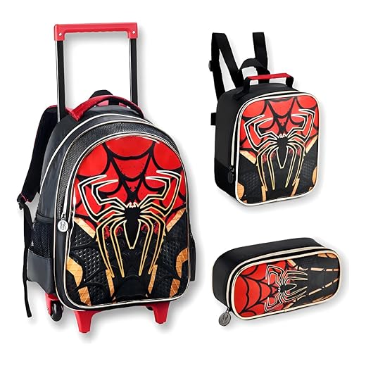 Kit Mochila Escolar Infantil com Rodinhas Spider 3 em 1 para Menino – Mochila + Lancheira Térmica + Estojo – Mochila de Rodinha Infantil Menino Tema Super-Herói
