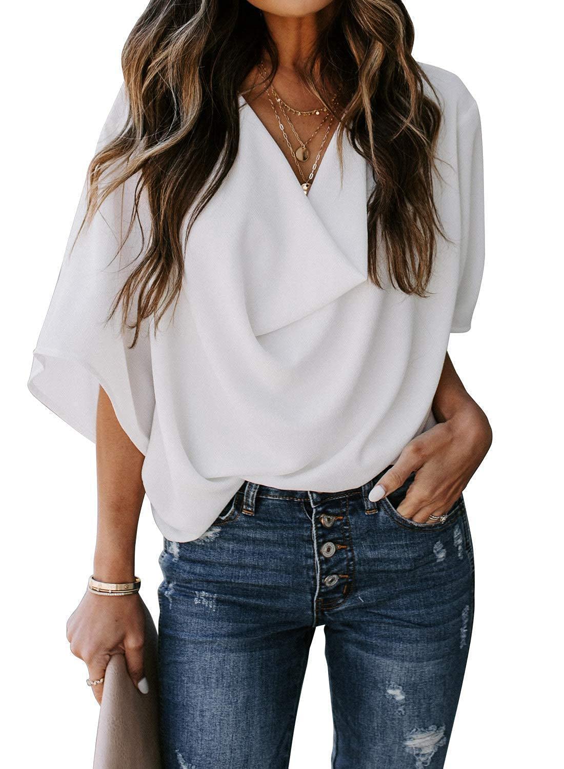 SeocsingWomens Summer Short Sleeve Blouses Tops V Neckline Casual Chiffon Shirts and Tops Loose Fit Tunic T-Shirt Office Work Shirts for Women Ladies