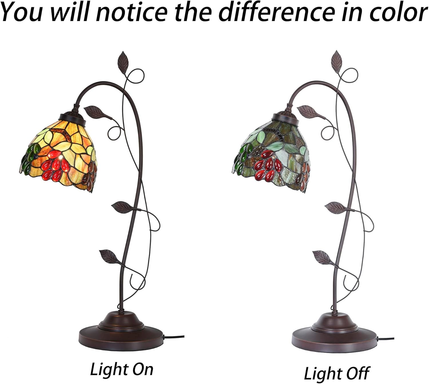 Bieye L10763 Grape Tiffany Style Stained Glass Table Lamp with Grapevine Decorated Base, 28.5 inches Tall