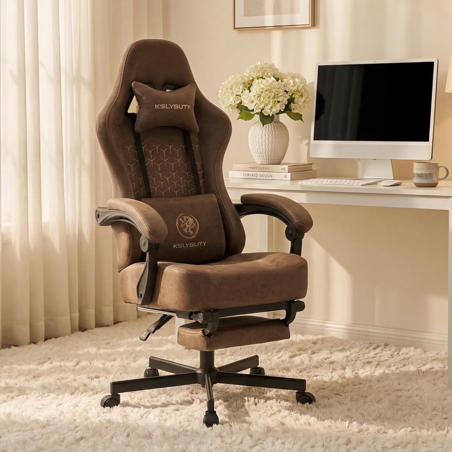 Office Chair for Home Office, Ergonomic Wide Seat Desk Chair with Pocket Spring Cushion, Breathable Leather Gaming Chair with Adjustable Headrest and Retractable Footrest，Brown Leather