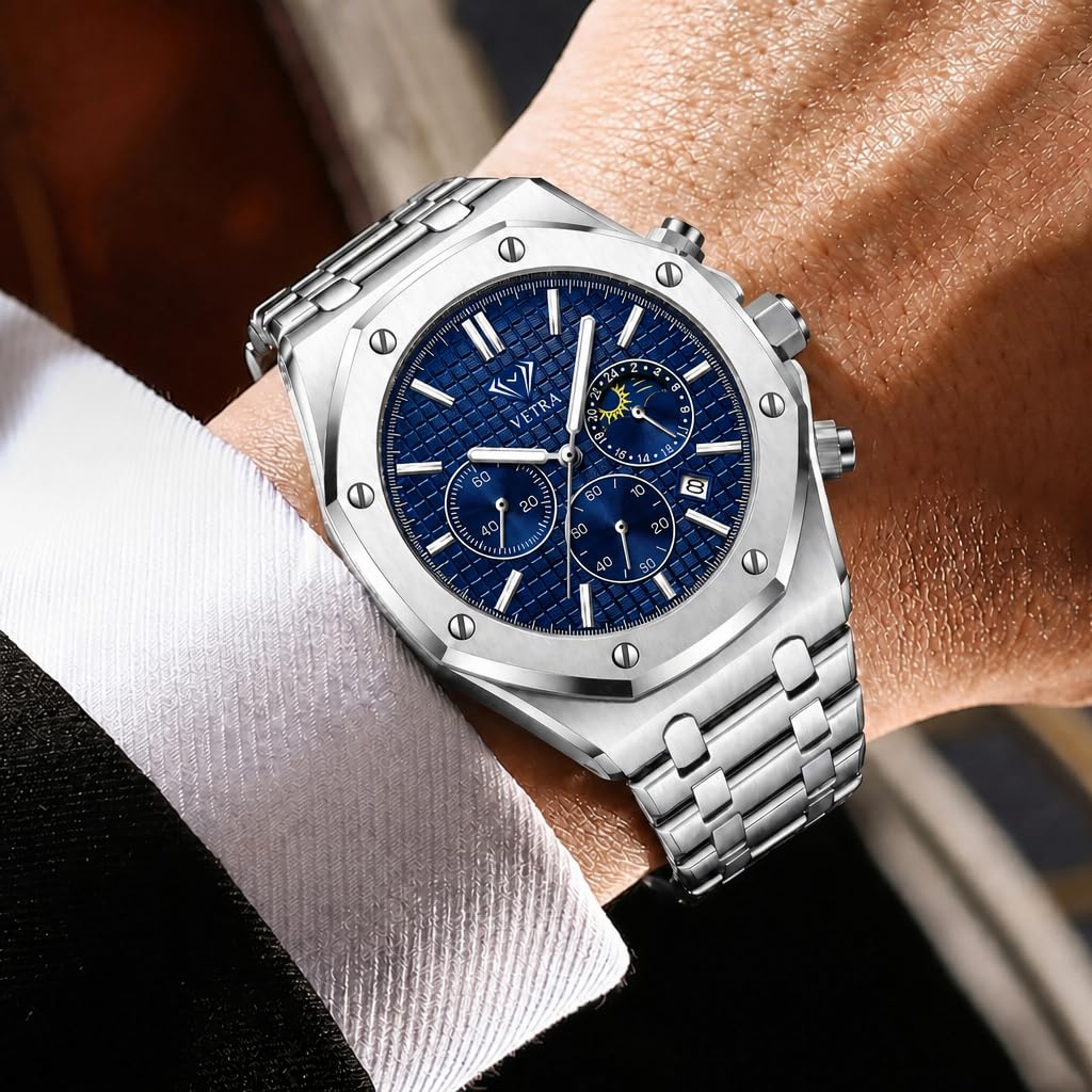 Vetra Orologi da uomo ottagonali di lusso multifunzione orologi per uomo analogico fasi lunari quadrante blu in acciaio inossidabile luminoso impermeabile data regalo per uomo Relojes para Hombres